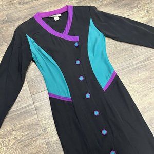 Vintage Sarah Taylor‎ Dress Women Size 4 Black Colorblock Made In USA Knee